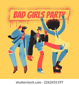 Bad girls party vector illustration with funny characters in rock and roll outfit. Cartoon women dance and have fun. Image in flat style