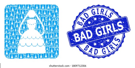 Bad Girls rubber round stamp and vector recursive collage bride. Blue stamp contains Bad Girls text inside round shape. Vector collage is made of randomized bride items.