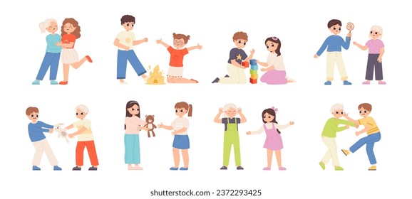Bad and good behavior children. Cute toddlers fight and mischief, aggressive abusing. Kids well mannered and polite, snugly vector characters