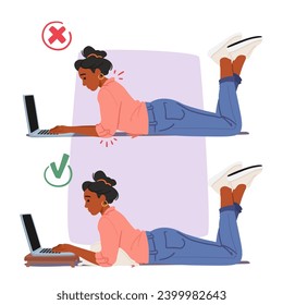 Bad and Good Body Poses while Working with Laptop. In The Wrong Posture, Woman Slouches, Straining The Back. In The Proper Posture, she uses Pillow Maintaining Healthier Alignment. Vector Illustration