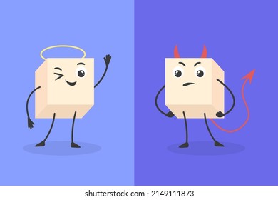 Bad and good cartoon sugar. Smile lump sugars cube character, candy devil vs angel healthy unhealthy food, happy sweets face, funny white cubes dessert vector illustration of sugar good or unhealthy