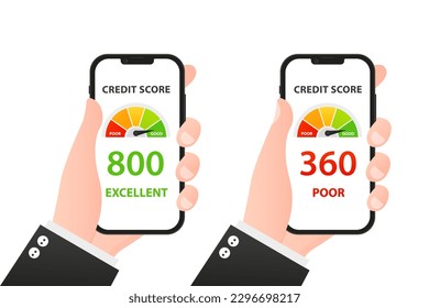 Bad and good credit score online on smartphone Vector illustration, flat cartoon mobile phone with credit history document, mobile phone with personal financial rating data. Vector illustration