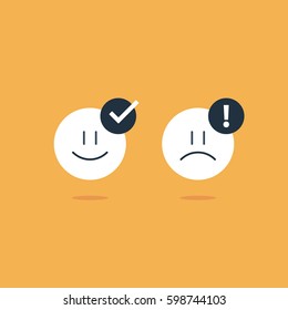 Bad, good experience, happy, unhappy emoji icons, customer support services, feedback concept, positive, negative emotions, vector flat illustration