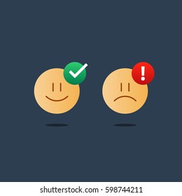 Bad, good experience, happy, unhappy emoji icons, customer support services, feedback concept, positive, negative emotions, vector flat illustration