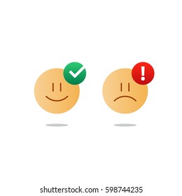 Bad, good experience, happy, unhappy emoji icons, customer support services, feedback concept, positive, negative emotions, vector flat illustration