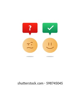 Bad, good experience, happy, unhappy emoji icons, customer support services, feedback concept, positive, negative emotions, vector flat illustration