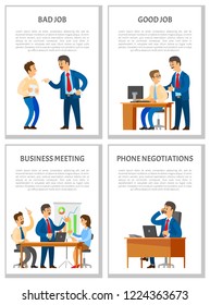 Bad and good job, business meeting and telephone negotiations vector posters. Unsatisfied boss, leader supporting worker, report of manager with graphs charts