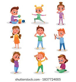 Comportamiento infantil malo y bueno y conjunto de hábitos, niños curados en diferentes situaciones con un vector de dibujos animados Ilustración