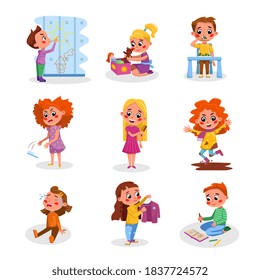 Bad and Good Kids Behavior and Habits Set, Cute Naughty and Obedient Children in Different Situations Cartoon Style Vector Illustration