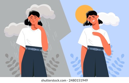 Bad and good mood. Comparsion of woman with positive and negative emotions. Girl in sunny and rainy weather. Mental issues and psychological problems. Cartoon flat vector illustration