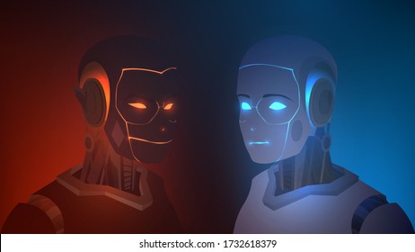 Bad and good robot with glowing eyes, the confrontation of two androids