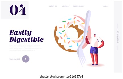 Bad and Good Sources of Carbohydrate in Products Website Landing Page. Tiny Male Character Holding Fork Stand at Huge Fresh Baked Donut with Sprinkle Web Page Banner. Cartoon Flat Vector Illustration