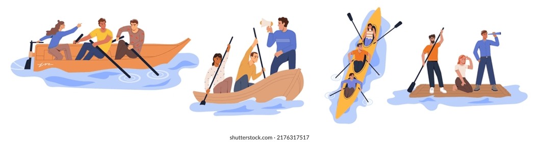Bad and good team management concept. Strong and courageous leaders in boats sail to success and goals with their business team or partners. Cartoon flat vector collection isolated on white background