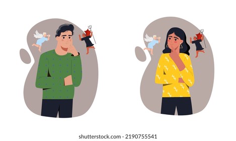 Bad and good thoughts. Set of man and woman with angel and demon on shoulders. Characters make choice in favor of positive or negative. Cartoon flat vector collection isolated on white background