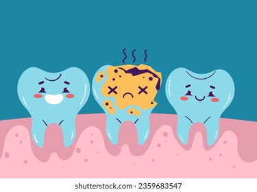 Malo diente bueno en la boca tratamiento dental concepto limpio. Ilustración de diseño gráfico plano vectorial
