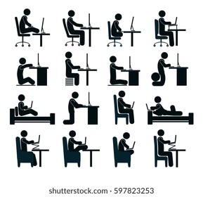 Bad and good working position of the human at the computer in office chair, on bed. Different positions of person at computer.