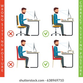 Bad and good working position of human at computer. How to sit a