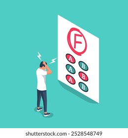 Bad grade student. Failed test. Bad rating. Negative result. Disgruntled caucasian student, disappointed with test with grade F. Vector illustration isometric design. Isolated on a white background.