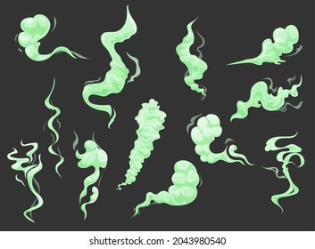 Olor de dibujos animados verde malo, olor a humo vectorial, aliento insignificante, hedor de pedo y nube de gas tóxico, vapor o vapor inestable, niebla olorosa o humo. Cuerpo sucio, axila, sudor, comida podrida o mal olor a basura