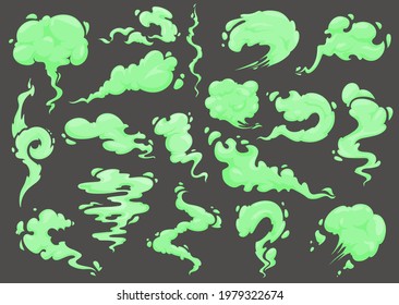 Bad green smell, odor, stench and stink vector cartoon fume, clouds, smoke or mist. Smelly odor, stinky fog, toxic gas or steam waves of fart gases, bad breath or whiff, scent of dirty body or garbage