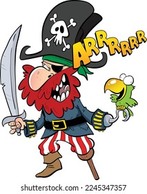 Bad grining cartoon pirate captain with sword and parrot