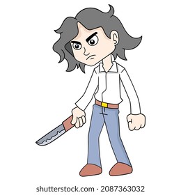 bad guy is angry with a machete, vector illustration art. doodle icon image kawaii.