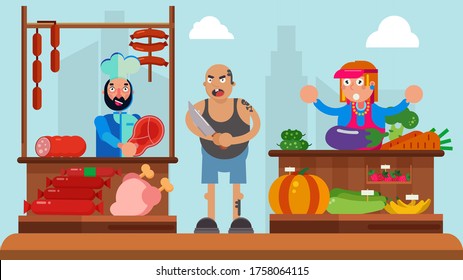 Bad guy concept, man thug at market, vector illustration. Cartoon pickpocket character in crime near fruits. Pilferer angry ruffian near seller, threaten with knife. Adult gangster aggression.