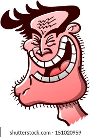 A bad guy face with rugged features, wrinkles on his forehead, unkempt, unshaven, prominent chin and large mouth while clenching his eyes, showing her teeth and laughing maliciously