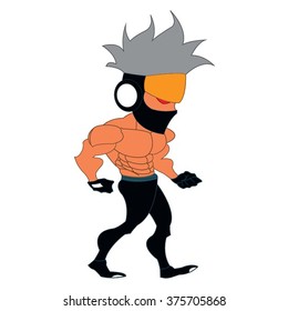 Bad Guy Walking With Grey Big Hair, Black Pants, Abs, Ear Phones and Mask Cartoon Vector