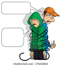 Bad guys. Two thieves punished. Two young men attached to each other with a rope. Vector.