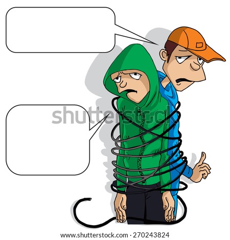 Bad guys. Two thieves punished. Two young men attached to each other with a rope. Vector.