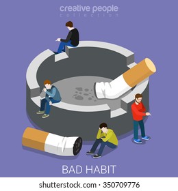 Bad habit ashtray smokers flat 3d isometry isometric concept web vector illustration. Micro people smoking around big ash tray cigarette butt stub end. Creative people collection.