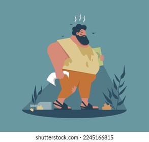 Bad habit concept. Character with unhealthy lifestyle pattern. Nasty man with poor hygiene, dirty sweat stains and unpleasant smell. Flat vector illustration