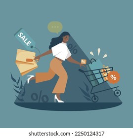 El concepto de mal hábito. Carácter con patrones de vida no saludables y adicciones. Shopaholismo, mujer con muchas bolsas de compras. Ilustración vectorial plana