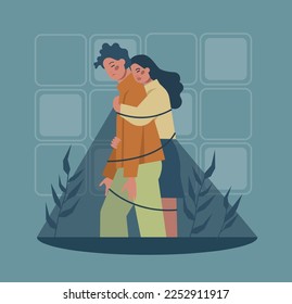 Bad habit concept. Character with unhealthy lifestyle patterns and addictions. Psychological dependence in a relationships. Flat vector illustration