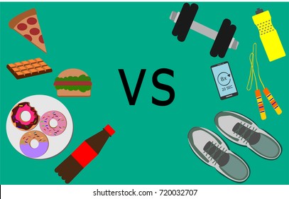 Bad Habit Eating Versus Good Habit Exercise. Healthy, Fitness And Active Lifestyle Concept