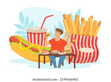 Mal hábito con un hombre gordo adicto a la comida rápida sentada y comiendo en mesa vectorial Ilustración