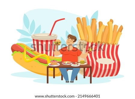 Bad Habit with Fat Man Addicted to Fast Food Sitting and Eating at Table Vector Illustration