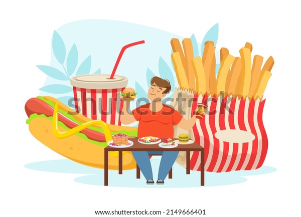 Bad Habit with Fat Man Addicted\
to Fast Food Sitting and Eating at Table Vector\
Illustration