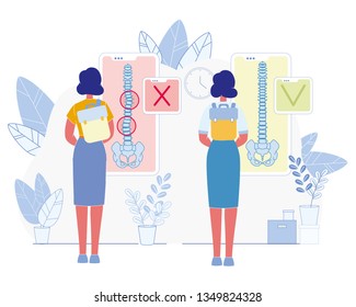 Bad Habit Harmful for Health Flat Vector Concept. Woman Wearing and Carrying Heavy Backpack on One Shoulder Illustration. Spine Diseases and Posture Problems Prevention Medical Scheme, Infographics