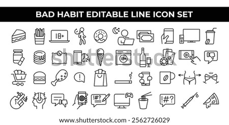 Bad Habit Icon Set with editable line icons for smoking, overeating, and lifestyle habits. Ideal for health awareness campaigns, educational materials, and digital content on behavioral improvements.