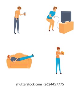 Bad habit icons set cartoon vector. Alcoholism, gambling, unhealthy food, laziness. Unhealthy lifestyle