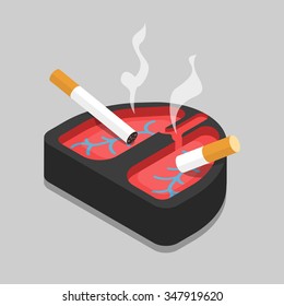 Bad Habit Lungs Ashtray Flat 3d Isometry Isometric Concept Web Vector Illustration. Smoking Cigarettes Lying In Lung Shape Ash Tray.