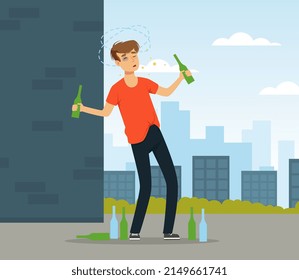 Mal hábito con un hombre adicto al alcohol caminando por la calle con una ilustración del vector de botellas