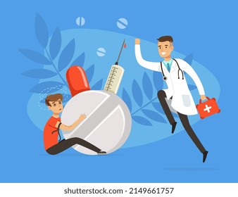 Bad Habit With Man Addicted To Drugs Sitting With Syringe And Doctor Rushing To Rescue Vector Illustration