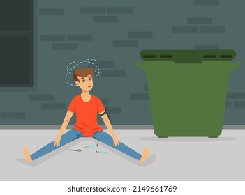 Bad Habit with Man Addicted to Drugs Sitting on the Street with Syringe Vector Illustration