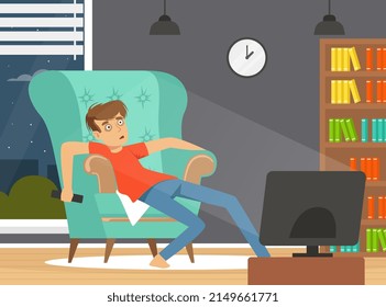 Bad Habit with Man Addicted to Watching TV Sitting in Front of TV Set Vector Illustration