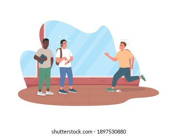 Bad habit of running late 2D vector web banner, poster. Guy in hurry. Men waiting for friend flat characters on cartoon background. Poor discipline printable patch, colorful web element