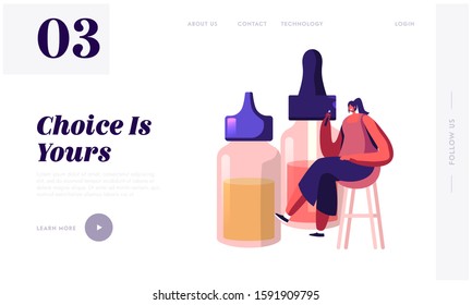 Bad Habit, Vaping Activity Website Landing Page. Young Woman Sitting at Stool near Huge Bottles with Liquids for E-Cigs Enjoying Vape Smoking in Bar Web Page Banner. Cartoon Flat Vector Illustration