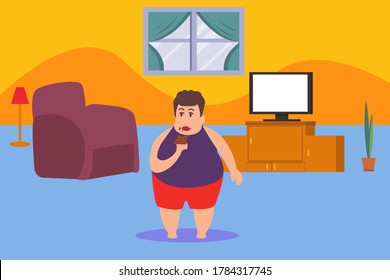 Concepto vector de obesidad: chico gordo comiendo barra de chocolate con glutonía
